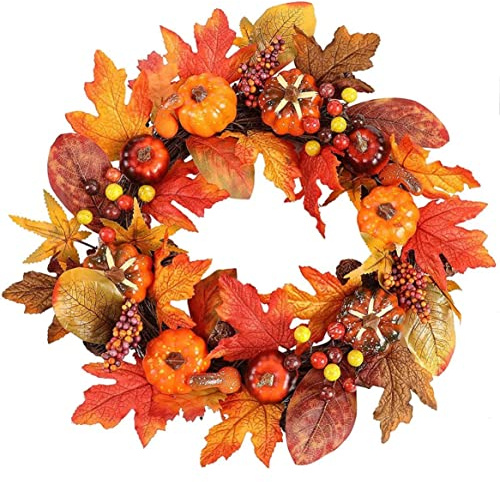 Corona Autunnale Per Porta D'ingresso, Ghirlanda Del Raccolto Autunnale Con Zucca, Foglia D'acero, Pigna, Bacca Per Natale, Autunni, Raccolto, Autunno, Halloween, Ringraziamento, Decorazione Per