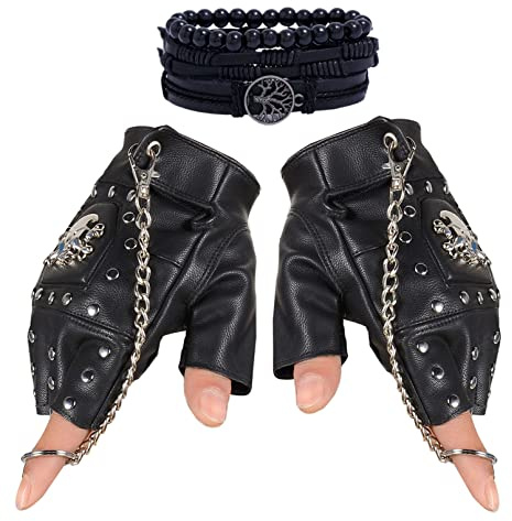 Steampunk-Handschuhe, Gothic, fingerlos, Kapitän, Leder, Vintage, Geuuine, Schwarzer Ring + Baum-Armband, One size