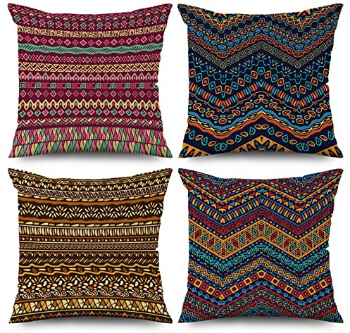 ASDCXZ Boho Kissenbezug 40x40 cm 4er Set, Retro Boho Geometrisch Streifen Bunt Sofa Kissen Bezug Dekokissen Kissenbezüge Kissenhülle Waschbar Polyester Flachs Textil Outdoor Polster Kopfkissenbezug