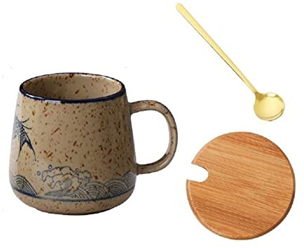 MAGICVOGEL 350ml Kaffeebecher Keramik Kaffeetasse mit Deckel und Löffel Espressotasse Teetasse Geschenke für Geburtstag Weihnachten Muttertag Vatertag (Fisch)