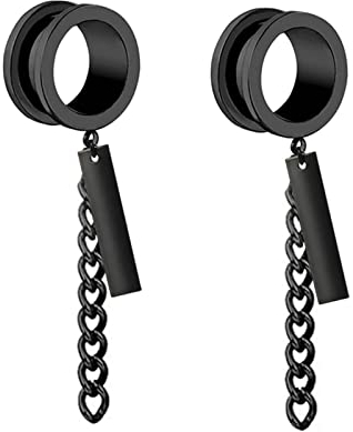 Gualiy 2 STK Flesh Tunnel Edelstahl, Ohrringe Plugs Herren 8mm mit Kette und Rechteck Anhänger Schwarz Flesh Tunnel