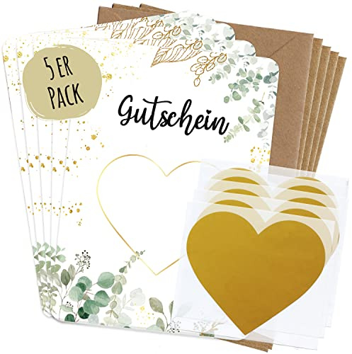 JEKA 5 Rubbellose selbst machen, Rubbelkarte zum selbst beschriften – Gutschein selbst machen mit Rubbelherz Gold, Geschenk Gutschein mit 5 Umschlägen, Gutschein Karte