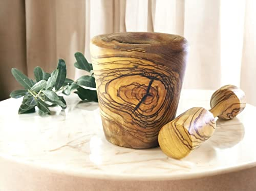 Ensemble mortier et pilon en bois d'olivier – Presse-ail – Mortier à épices – Bol casse-noix – Pilon ergonomique – Fabriqué à la main – Moulin à herbes – Accessoire Cuisine