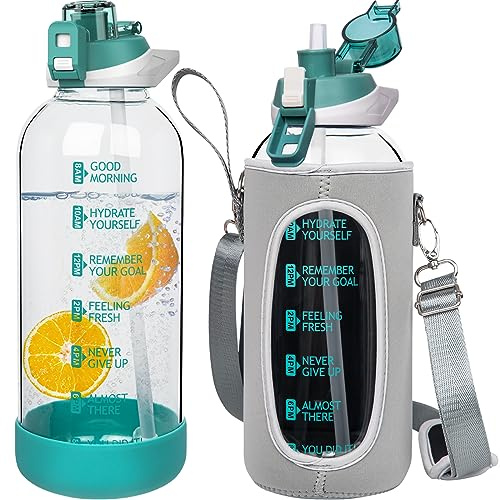 Seekua 2l Sport Trinkflasche Glas Flasche mit Strohhalm & Zeitmarkierung auslaufsicher bpa frei 2 liter Große Wasserflasche Motivation mit Schutzhülle für Smoothie, Früchte Kohlensäure geeignet
