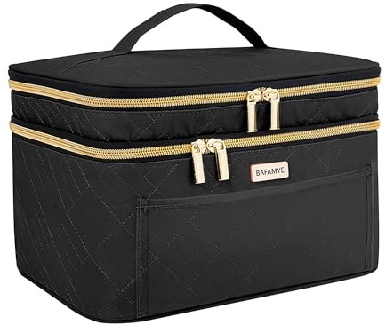 BAFAMYE 8.8L Double Layer Travel Makeup Bag Women, Large Cosmetic Case, Organizer for Travel-Size Accessories Bottles, Brushes, and Skin Care Products, Black 2.33 GAL