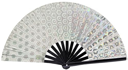 Gionforsy 1 x Rave-Handventilator, faltbarer Handventilator mit hellen Farben, Stoff-Faltfächer für Festivals (Silber)