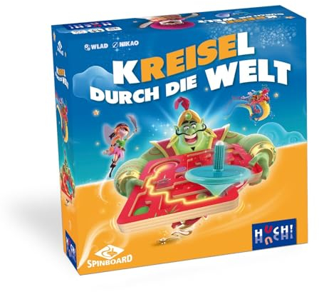 HUCH! | Kreisel durch die Welt | kooperatives Geschicklichkeitsspiel | mit innovativem Kreisel-Starter | Kindergeburtstag | Reist durch 8 Welten und erfüllt die Aufgaben! | für 1-4 Spieler ab 6 Jahren