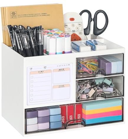 TQVAI Schreibtisch Organizer, 3 Fächer Stiftehalter Schreibtisch mit 3 Schubladen Stiftehalter Kinder Multifunktionaler Stifte Aufbewahrung Für Büro Zuhause Schule, Weiß