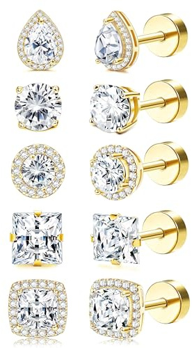 Kakonia 5Paar Ohrstecker Gold Silber Damen Ohrringe Medizinische Ohrstecker Set Klein Edelstahl Nickelfreie Ohrringe Nickelfrei Goldene Ohrstecker Ohrring Silber Chirurgenstahl Set Damen Männer Heren