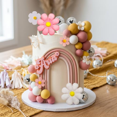 JeVenis Groovy Cake Toppers Boho Hippie Daisy Flower Cake Decoration | Daisy Cake Toppers Girls Birthday Party Boho Groovy Party Supplies