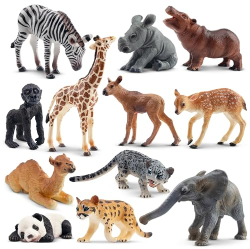 Toymany 12PCS Forest Animals Baby Figurines, Realistic Woodland Animals Figures Toys Includes Elephant, Mountain Lion, Giraffe and Deer Cubs, Cake Toppers Christmas Birthday Gift for Kids Toddlers