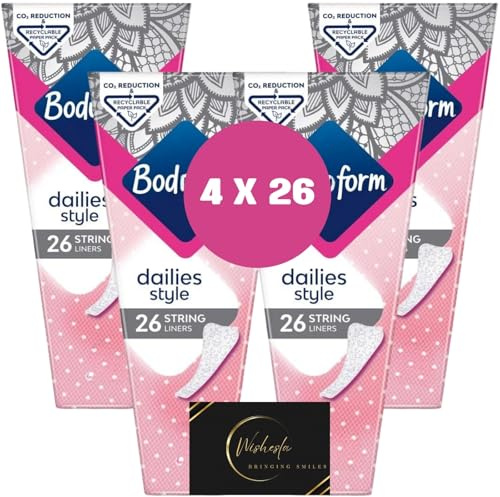 Dailies Panty Liners Bundle- Ultra-Thin and Soft (4x26 Packs), Body Form Pads for Women, String or Thong Underwear Pantyliners Including Wishesla Thank-You Card
