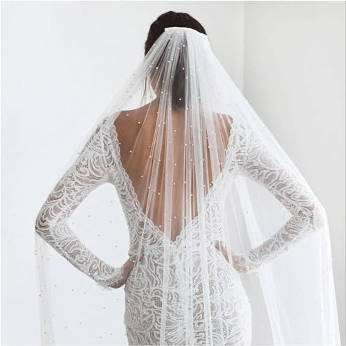 WxuuLTGJR Schleier Braut-Tüll-Polyester-Schleier, Perlen-Hochzeitsschleier, 1-stufiger Braut-Tüll-Schleier, 75–300 cm Länge, Schleier für Damen, einfacher Brautschleier Anmut