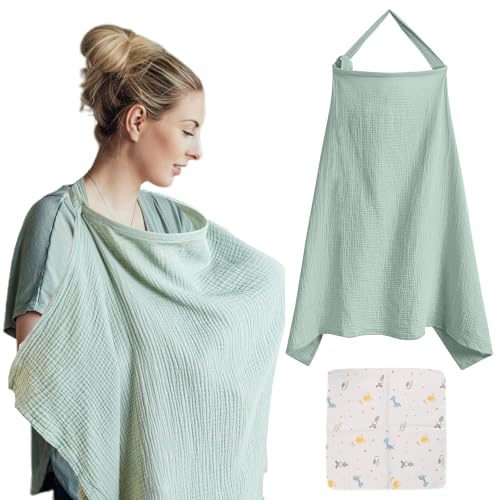 VEGCOO Cubierta de Lactancia Materna, Bufanda de Lactancia con Correas Ajustables, 360 Grados de Cobertura Total, Cómoda y Transpirable Capa de Lactancia con Toalla para Babas (verde claro)
