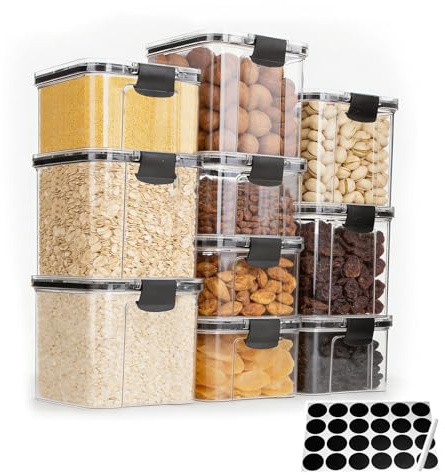 10PCS Food Storage Containers with Lids, Airtight Organization Canisters, 700ml & 460ml Transparent Square Spice Jars with 24pcs PVC Sticker, Stackable Container for Spice, Salt, Sugar, Seeds, Nuts