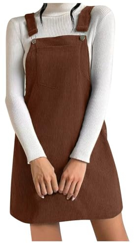 KBOPLEMQ Robe salopette femme en velours côtelé coupe A mini robe élégante pour adolescentes et filles robes d'hiver amples décontractées couleur unie boutonnées robe à bretelles automne hiver avec