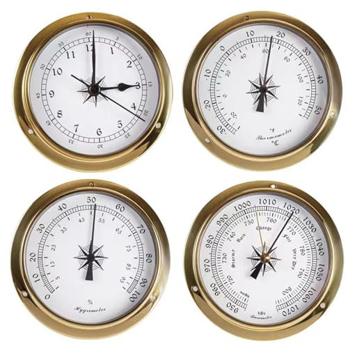 HHFLRAWA Barometro, termometro, igrometro, orologio, set 4 in 1, barometro da parete per interni, stazione meteo analogica ad alta precisione, barometro multifunzione, per casa, ufficio, pesca, vela