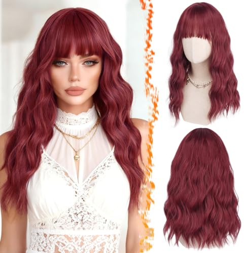 BARSDAR 46cm Gewellt Rot Perücke mit Pony, Mittel Lange Rot Perücke mit Pony für Frauen Natürliche Gewellt Lockige Synthetisches Schulterlange Perücken Party Halloween Haar Perücken