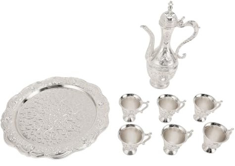 Vintage Turkish Coffee Pot and Cups Set, Retro Alloy Wine Glass Pot Set Tea Tray and Metal Cups for Tea Home Party Wedding (Silver White)