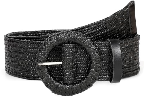 JasGood Stroh Geflochten Elastischer Gürtel für Damen Breiter Taillengürtel Rattan Gewebter Boho Gürtel für Kleider