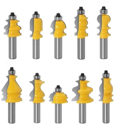 Temhyu Juego de brocas for enrutador de pasamanos, moldeado arquitectónico, vástago de 12mm, Base de carcasa, línea CNC, cortadores de carpintería, fresa frontal(10PCS 12mm shank)