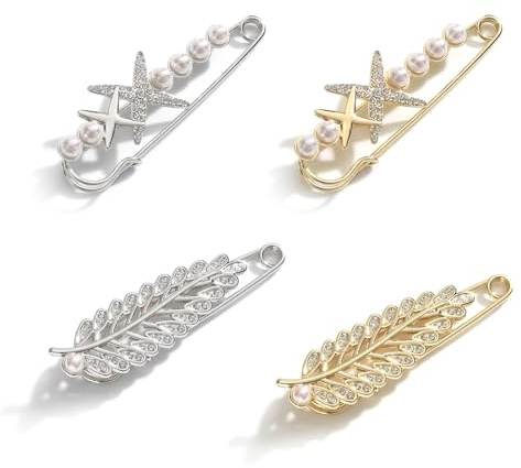 Zasjon 4 Piezas Imperdibles Broches de Mujeres Clips de Chal Suéter, Broche de Falso Perlas y Cristal, Imperdibles Broches para Ropa para Novia Camisa, Vestido, Chal, CáRdigan