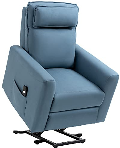 HOMCOM elektrischer Aufstehsessel TV Sessel mit Aufstehhilfe, Liegefunktion gepolstert Relaxsessel mit Fernbedienung, Seitentasche, Fernsehsessel aus Samt, Blau