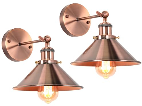 iDEGU 2 Stück Wandleuchten Industrielle Vintage Wandlampe Edison-Stil Metall Verstellbare Deckenlampe Retro Lampe mit 180° Drehung E27 Fassung Wandleuchte für Wohnzimmer Küche Flur (22cm, Rot Kupfer)