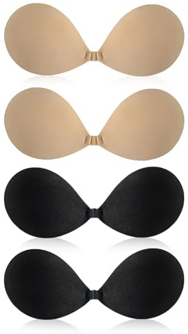 SAIIURV 4 Pairs Women's Invisible Strapless Bras, Sticky Push Up Bra, Self-Adhesive Bra, Reusable Invisible Backless Stick on Bras for Party, (UK, Alpha, One Size, Regular, Regular, Black, Nude)