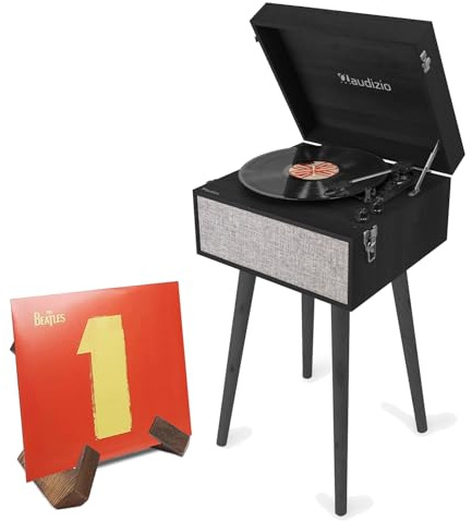 Audizio Fremont Black Retro Turntable on Legs with Bluetooth, Built-in Speakers & Vintage Wooden Vinyl Record Display Stand - Record Player Table Package Set