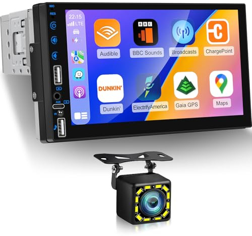 NHOPEEW Autoradio 7 Pouces - Autoradio 1 DIN avec CarPlay et Android Auto sans Fil, Commandes au Volant, Affichage en Ligne, Double Port USB Type-C à Charge Rapide + caméra de recul