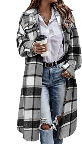 KISSMODA Womens Plaid Shacket Jacket Long Corduroy Shirts Casual Lapel Button Down Flannel Trench Coats with Side Pockets