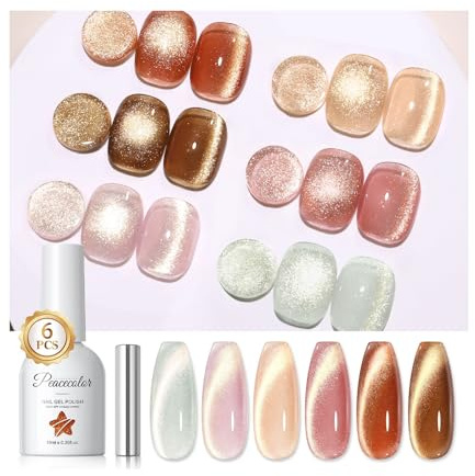 PEACECOLOR Cat Eye Gel Nail Polish, 6 Colours Golden Brown Pink Green Magnetic Soak-Off UV/LED Holographic Cat Eye Gel Polish with Magnet for Nail Art Salon DIY Home, 10ML