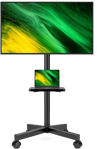Hemudu Mobile TV Stand for 23-60 Inch LCD LED Flat/Curved Screen TVs, TV Cart Holds up to 77Lbs, Rolling TV Stand with Tilt, Height Adjustable, Pole TV Floor Stand with Shelf Max VESA 400x400mm