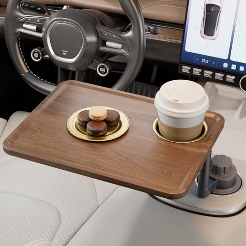 Fewuto Car Cup Holder Tray Desk, 360° Rotating Black Walnut Solid Wood Food Car Table - Steering Wheel Tray Road Trip Essentials Accessories for Tesla Model Y/3/S, Ford F150 Most Vehicles