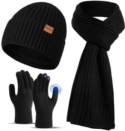 floconssy Men's Winter Beanies Hats Scarf Gloves Sets, 3 PCS Warm Fleece Lined Hat Thermal Long Scarf Touchscreen Gloves for Cold Weather Black