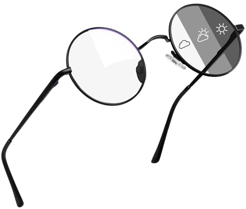 Joopin Runda Fotokromatiska Blåljusglasögon Dam och Blåljusglasögon Herr Datorglasögon Blåfilter UV400-skydd med Metallram (Svart-Transparent)