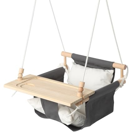 KINSPORY Columpio para niños pequeños con cojín Suave, Hebilla de Seguridad y Bandeja Desmontable, Columpio de Lona Ajustable de 57 a 71 Pulgadas, Asiento Infantil de Respaldo Alto para habitación de