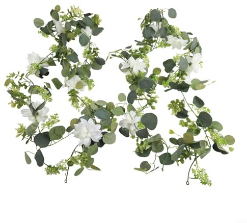 Honseadek Für Bars von Yucaly Vine – elegante weiße Dahlie und Eukalyptus-Girlande, 3,6 m, für Hochzeit, Heimdekoration, 2 Stück