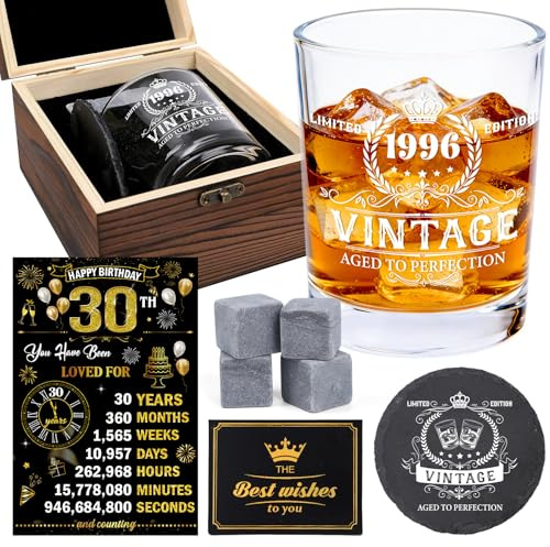 Luvart Regalo per il 30° compleanno da uomo, bicchiere da whisky vintage 1996, scatola in legno, pietre del whisky indietro nel 1996, set regalo di compleanno per uomini, marito, papà, festa di 30