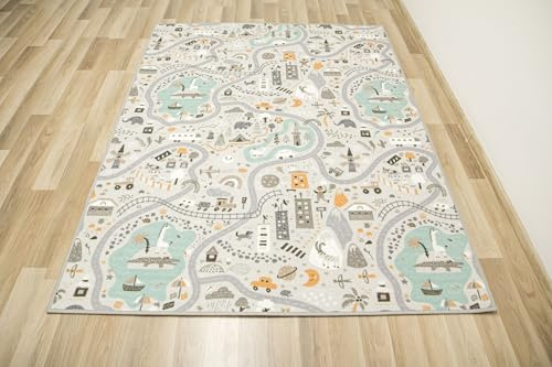 AKCILA Kinderteppich Pastell Straßen Grau, Minze 150x300 cm Teppiche für EIN Kinderzimmer mit kurzem Flor, Teppich für einen Jungen, Mädchen, Kinderteppich, Spielteppich, Kids Carpet, Schiffe, See