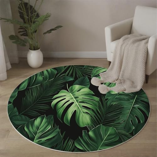 Round Rug 160 Cm For Living Room, Bedroom, Tropical Monstera Deliciosa Circle Small Area Rug Machine Washable, Non-Slip Carpet Dining Room, Low Pile, Non-Shedding, Tropical Style, Dark Green