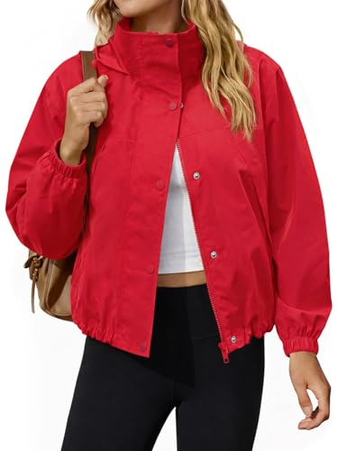 Yousify Womens Lightweight Jacket Windbreaker Hooded Athletic Sun Protection Outerwear Hiking Jackets Spring Coats Red