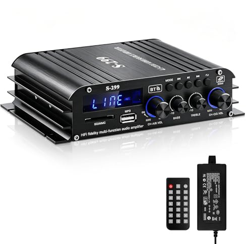 Amplificatore HiFi con Bluetooth, S-299 4 canali RMS 40Wx4+50W Max. 800W Bluetooth 5.0 Mini Amplificatore Audio Subwoofer con slot USB SD, AUX, Radio FM DC 12V/5A per altoparlanti domestici