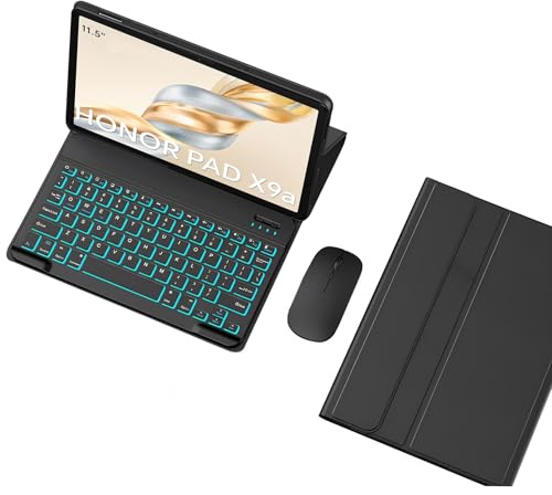 TSATAULE Custodia con Tastiera per Honor Pad X9a/X9 PRO da 11,5 Pollici 2025, Retroilluminazione A 7 Colori, Tastiera Wireless Rimovibile con Cover Protettiva, Mouse Bluetooth per Tablet,Nero