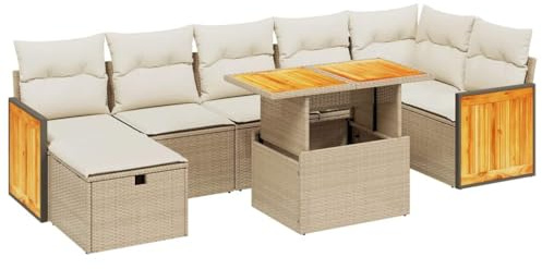 Foknhdi 8-teilig Gartenmöbel Set Rattan Sofa Garnitur Beige Poly Rattan mit verstellbarem Tisch 110 kg Belastbar Modern für Terrasse Balkon Outdoor Lounge