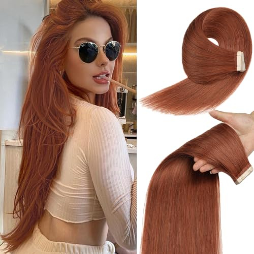 YDDM Tape Extensions Echthaar 20pcs 40cm 40g Dunkelrotbraun Invisible Copper Orange Braun Tape Extensions Echthaar Auburn Tape Extensions Skin Weft Haarverlängerung(16Zoll,33A#)