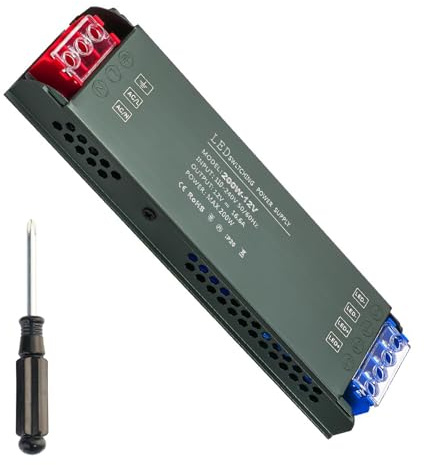 MejaRizon Trasformatore LED 12 V 200 W, trasformatore da 230 V a 12 V, dimensioni compatte, buona dissipazione del calore, trasformatore a bassa tensione, driver LED, adatto per strisce LED