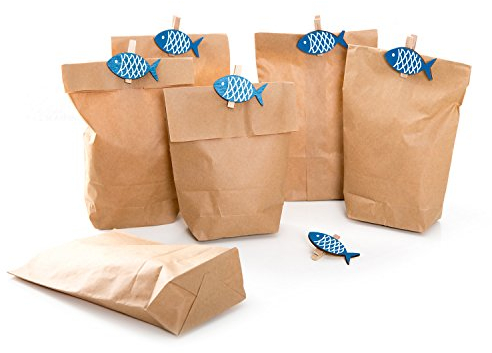 Logbuch-Verlag 12 kleine Gastgeschenk Tüte Fische Klammern Tischkarte zum Befüllen Papierbeutel Kraftpapier Taufe Kommunion give-away Verpackung braun blau