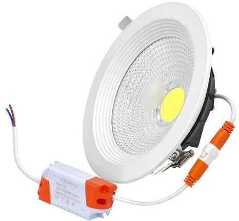 JANDEI – Faretto LED COB da Incasso da 15W, 1350 Lumen, Cornice Rotonda Bianca 160x55mm (Foro da 130-135mm). IP44 Ideale Cucina, Bagno - Luce fredda 6000K